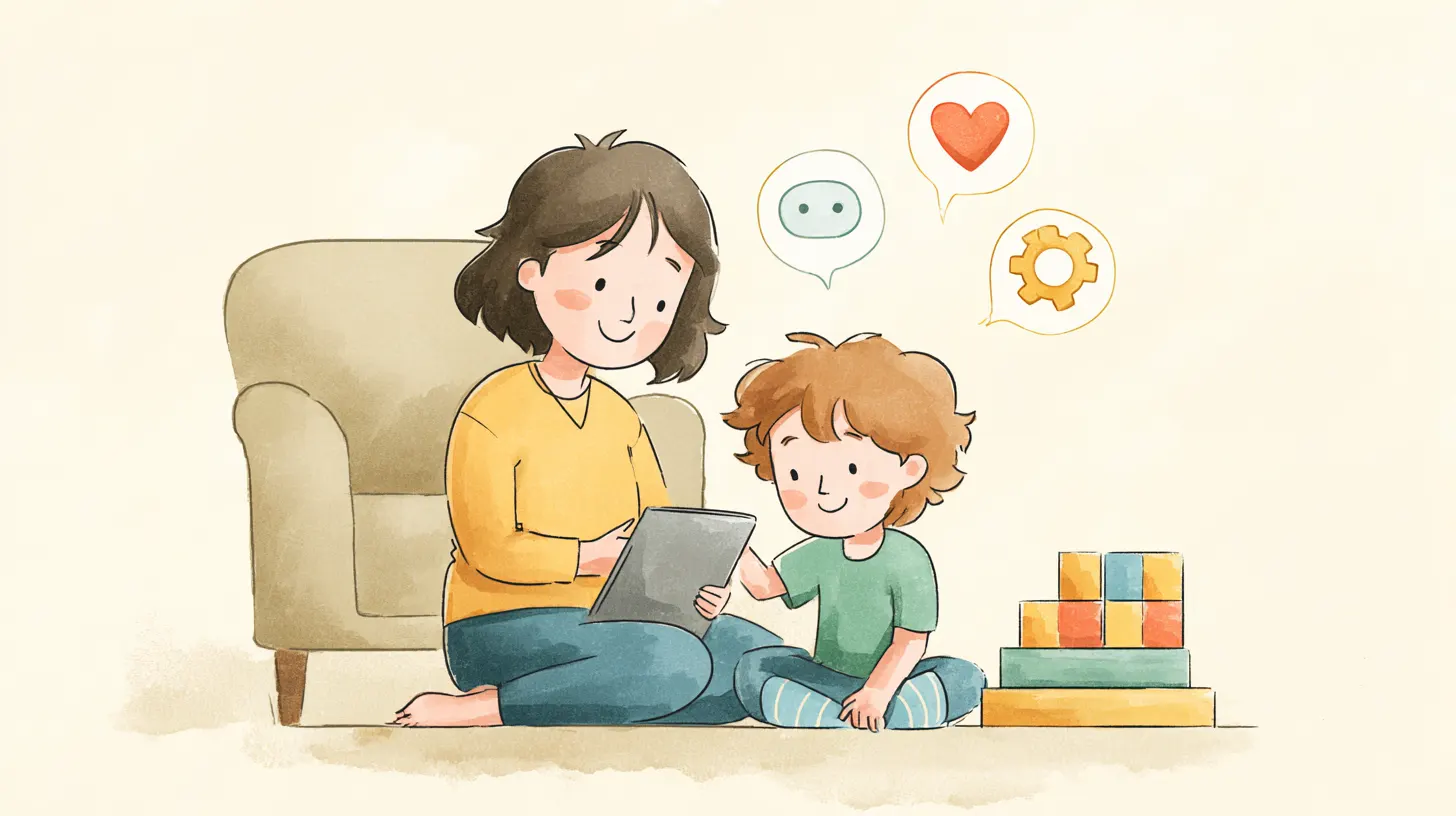 Child unwrapping new tech device with parent guidance