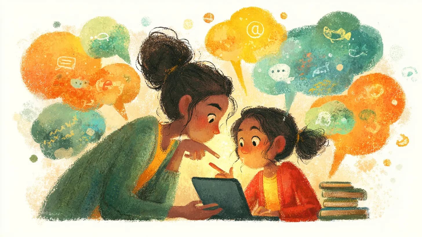 Parent and child actively engaged together watching educational content