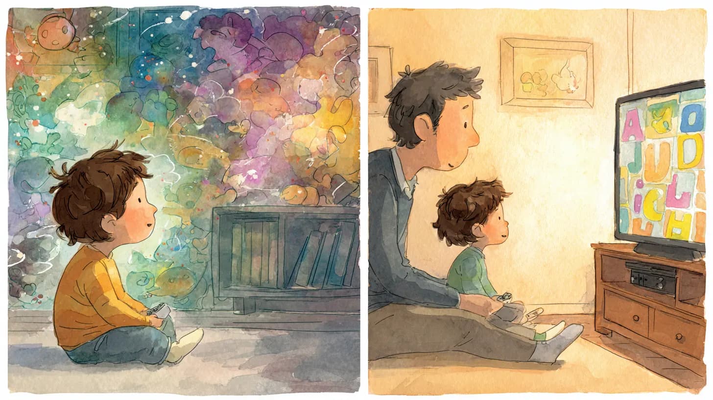 Calm parent and child transitioning peacefully from screen time to play