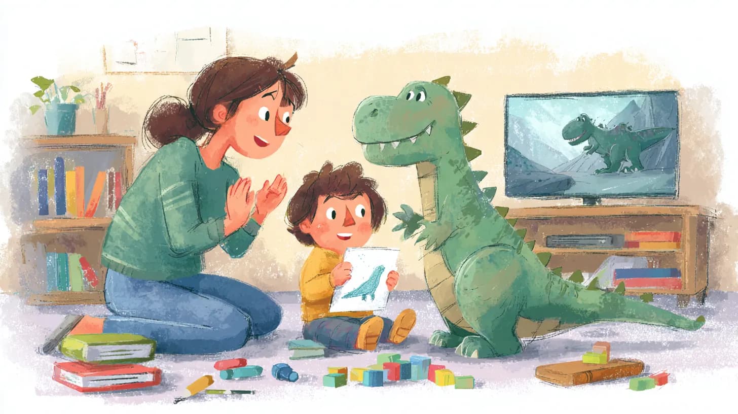 Child and parent playing with letters and toys, extending learning from screen time into real world activities